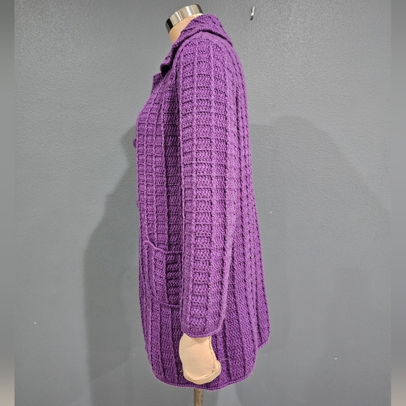 Vintage Hand Knit Purple Chunky Knit Sweater Cardigan M/L - Picture 7 of 9